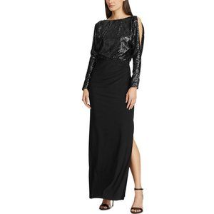 Lauren Ralph Lauren Sequined Cut Out Long Sleeve Maxi Evening Sheath Dress Black